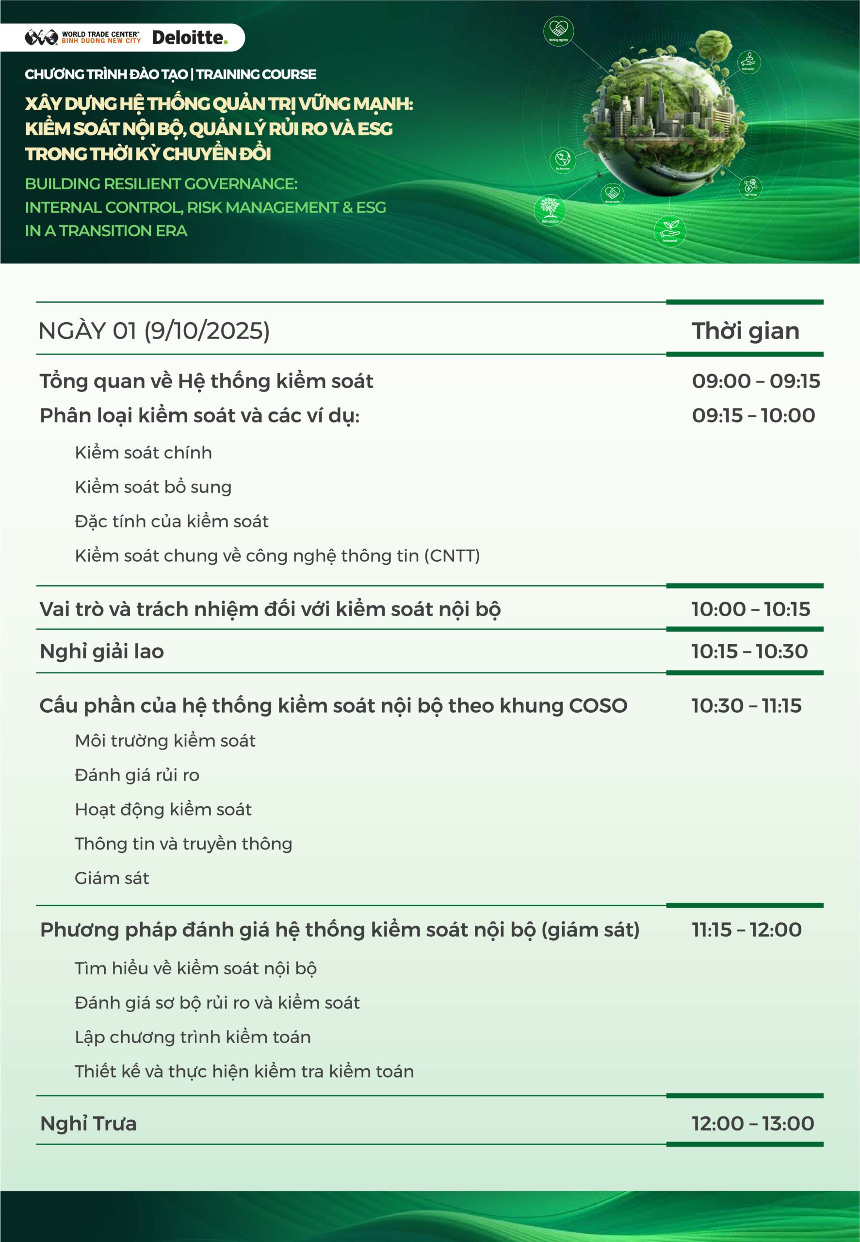 Agenda chương trình đào tạo Deloitte 2025 tại WTC Bình Dương.