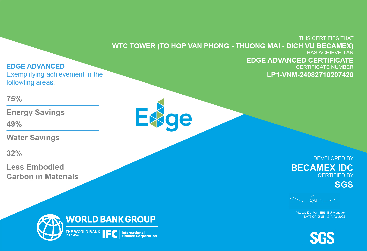 WTC TOWER – TỔ HỢP VĂN PHÒNG – HỘI NGHỊ – THƯƠNG MẠI BECAMEX ĐẠT CHỨNG NHẬN EDGE ADVANCED CERTIFICATE